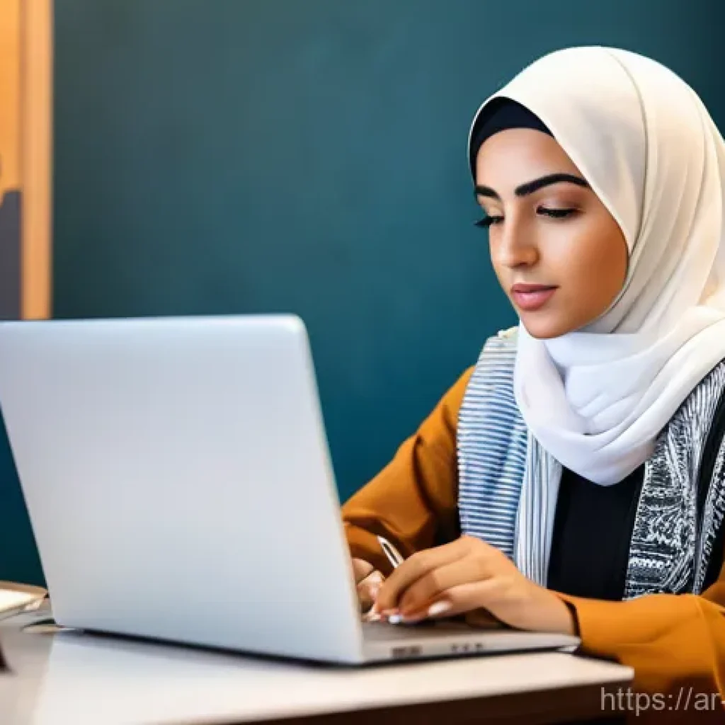 콘텐츠 크리에이터 자격증 과목별 학습 전략 - **Prompt:** A focused and determined young Arab woman, dressed in professional casual attire, seated...