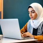 콘텐츠 크리에이터 자격증 과목별 학습 전략 - **Prompt:** A focused and determined young Arab woman, dressed in professional casual attire, seated...