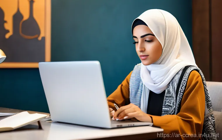 콘텐츠 크리에이터 자격증 과목별 학습 전략 - **Prompt:** A focused and determined young Arab woman, dressed in professional casual attire, seated...